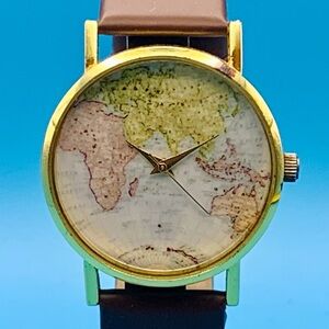 Men’s Fashion Quartz Wristwatch World Map Motif Faux Leather Working New Battery